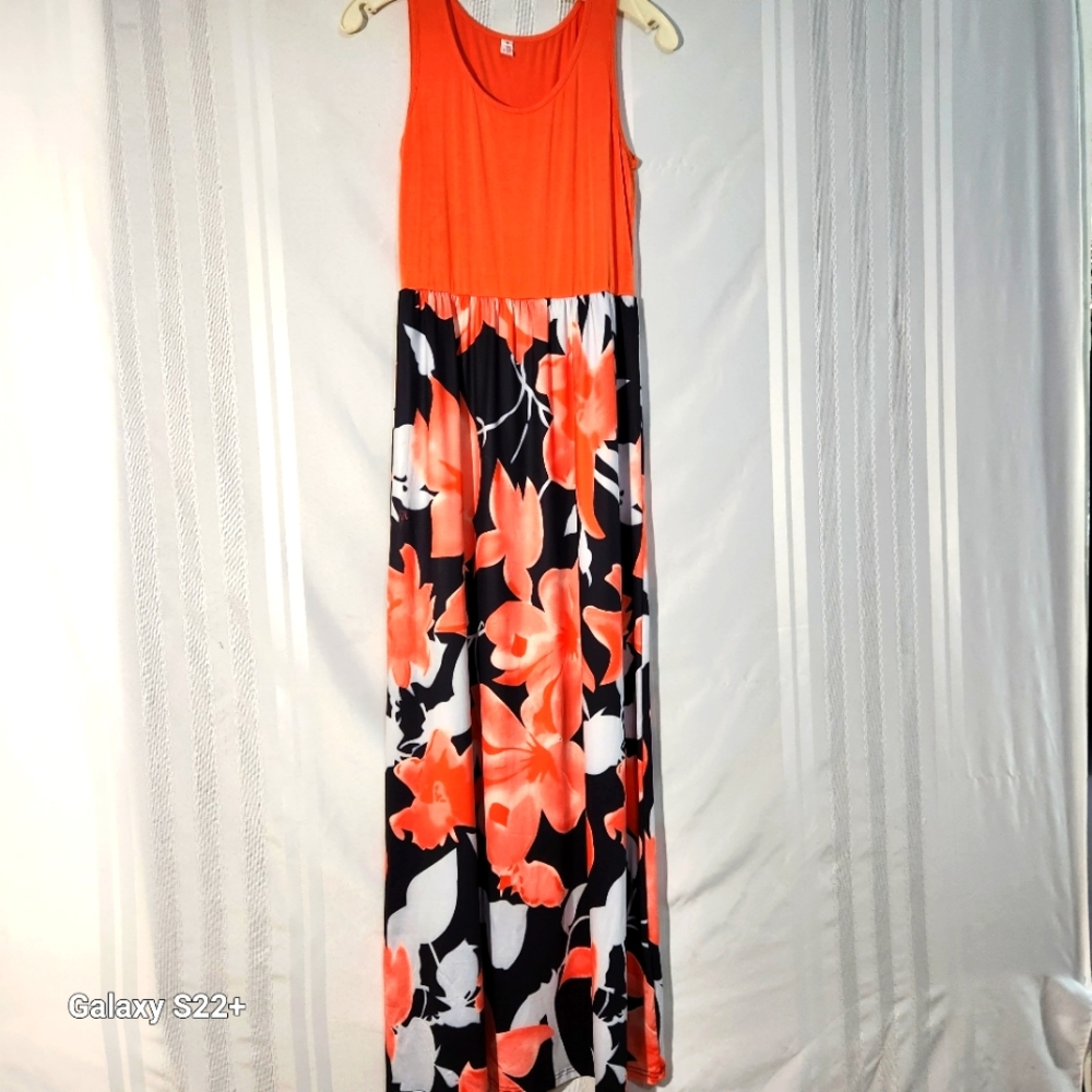 BLUE TIME WOMEN'S ORANGE FLORAL PRINT MAXI SLEEVELESS DRESS SIZE SMALL